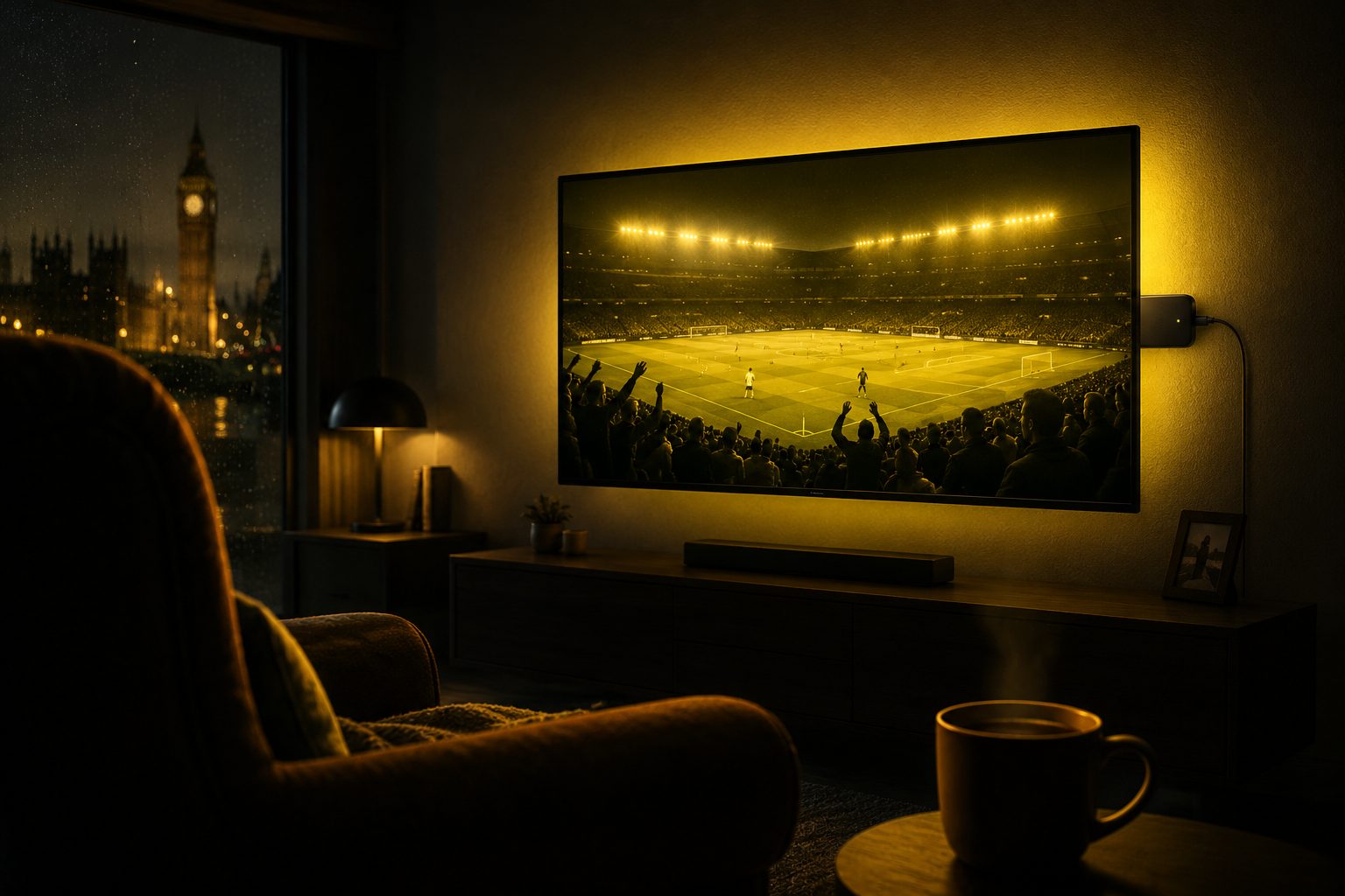 Un match de football diffusé en direct sur une télévision murale, avec une clé de streaming branchée sur le côté