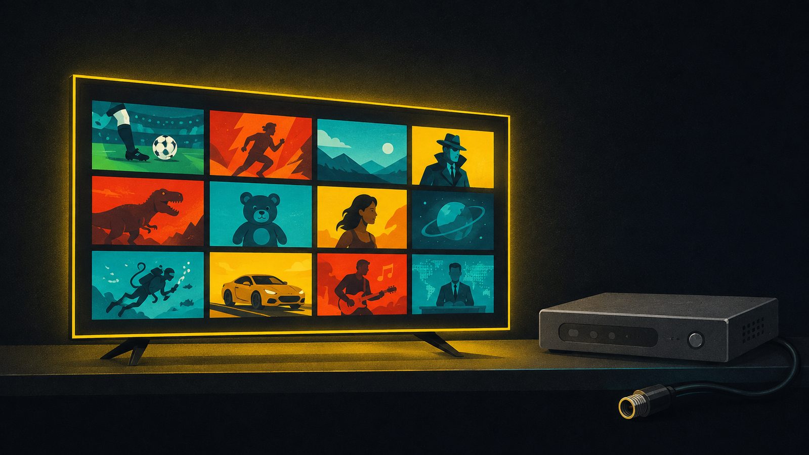 A TV showing a grid of colourful genre tiles next to an old cable set-top box