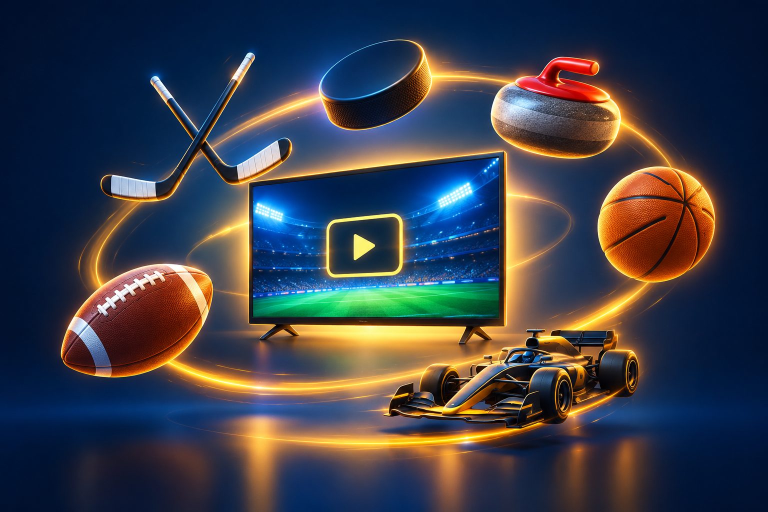 Icons for hockey, football, curling, basketball and Formula 1 orbiting a glowing television screen