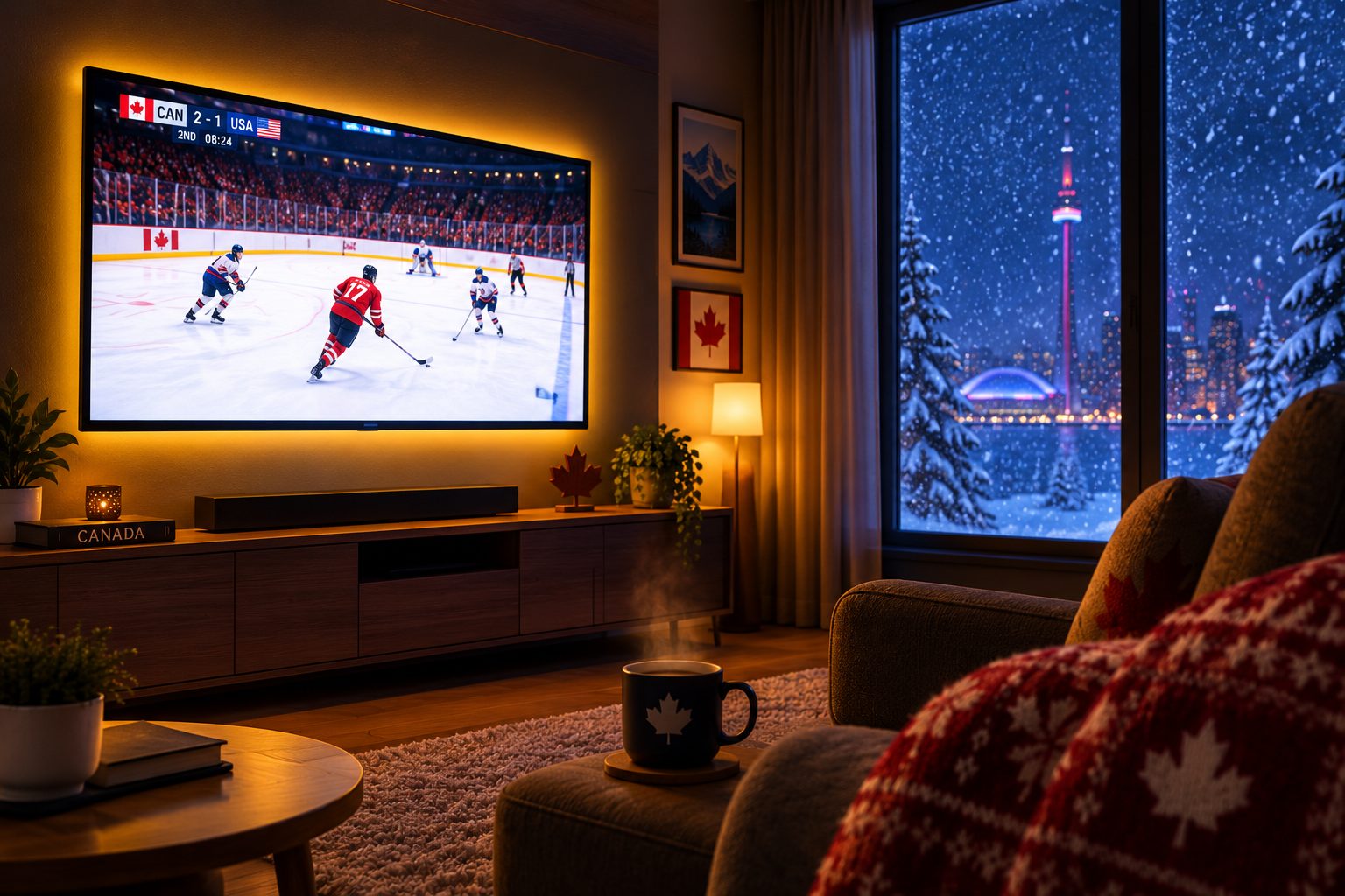A cosy Canadian living room at night with a wall-mounted TV showing a hockey game and snow outside the window