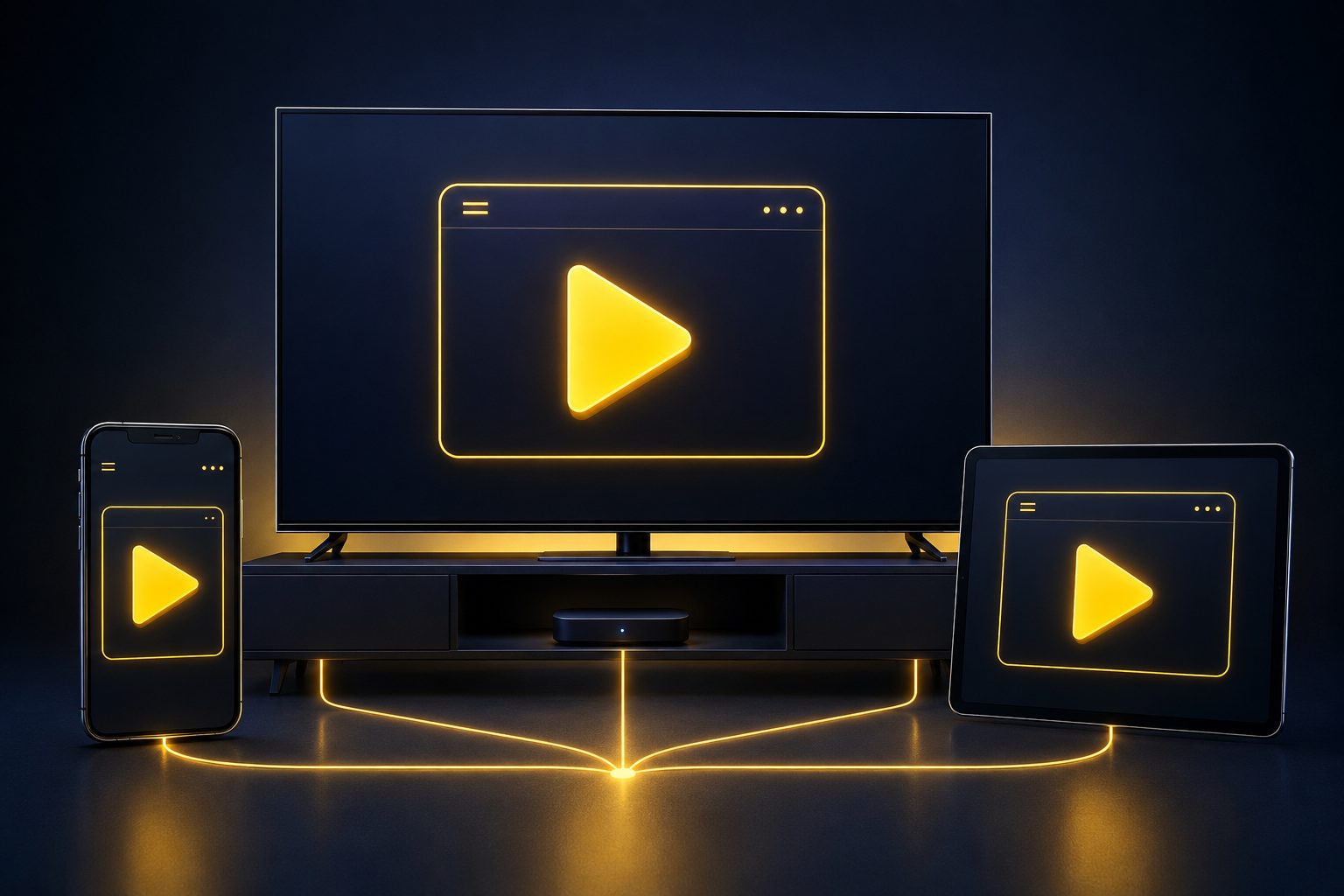 A TV, a phone and a tablet each showing a play icon, connected by glowing lines