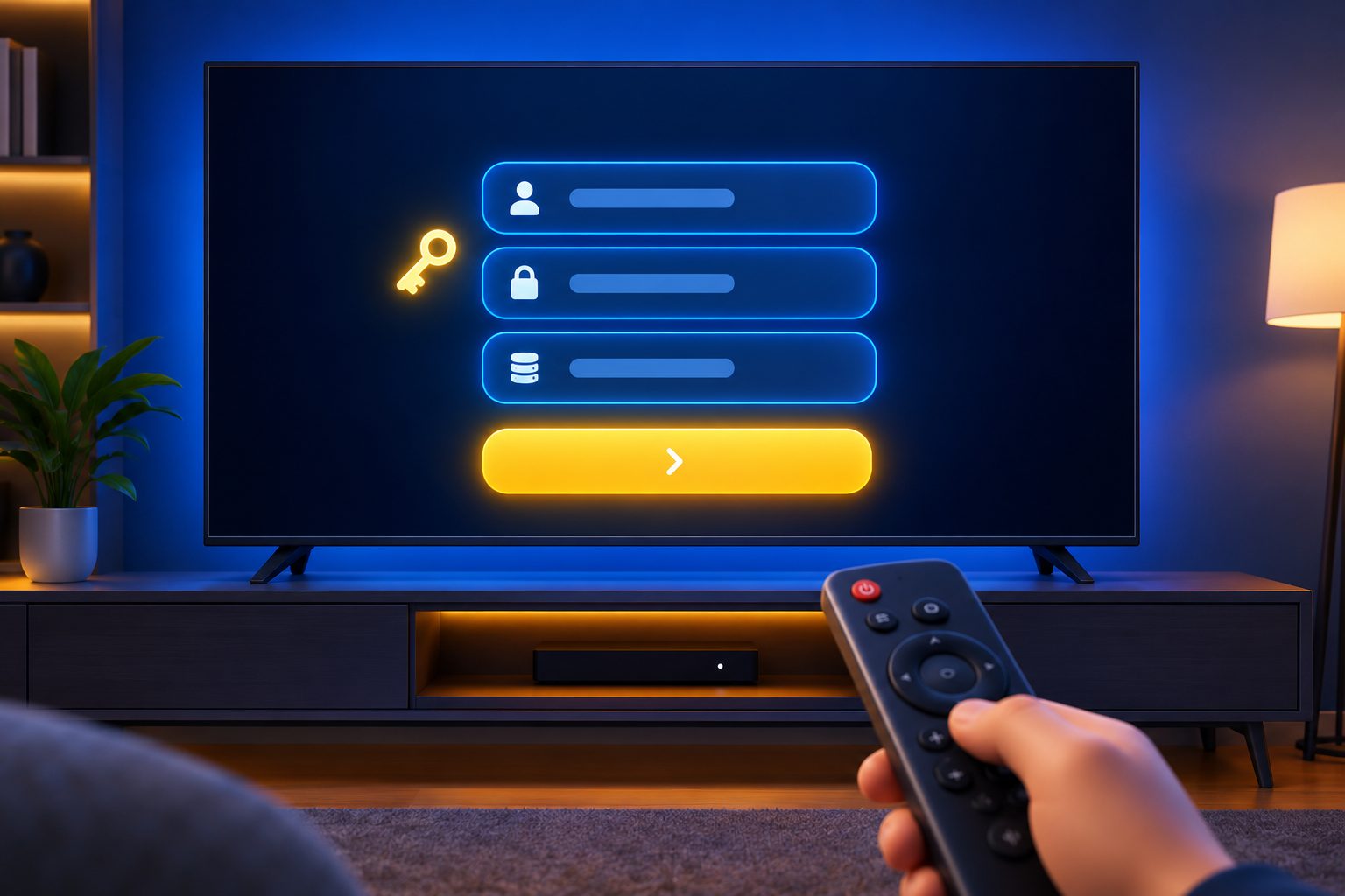 Smart TV showing a sign-in screen with three input fields and a key icon while a hand points a remote at it