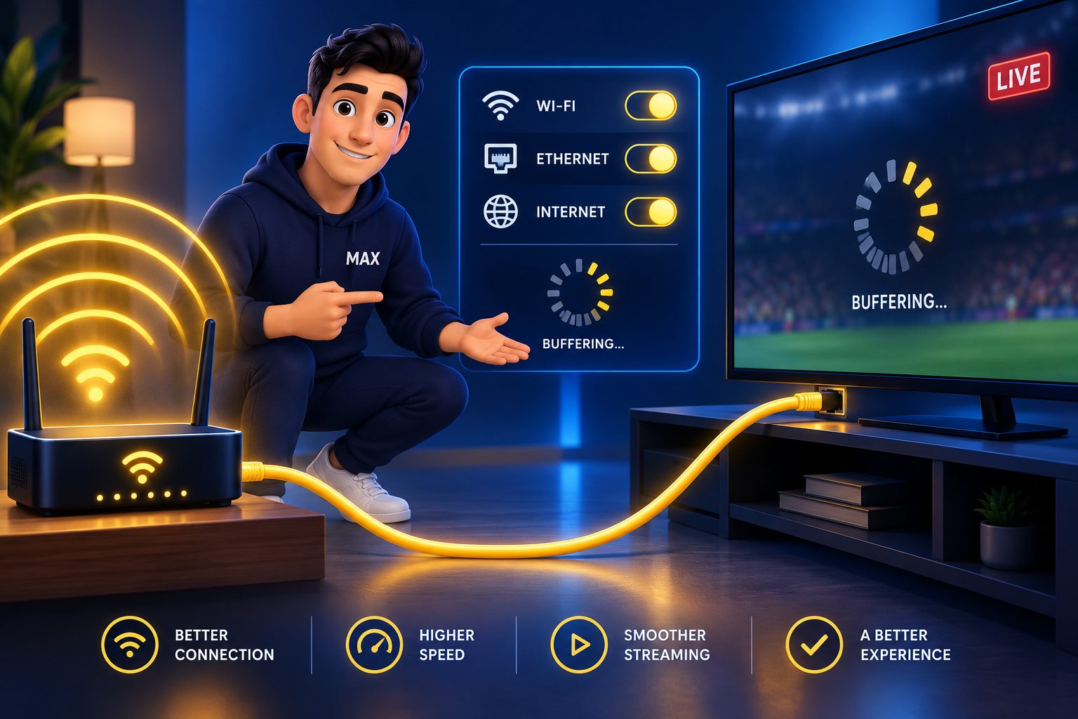 Troubleshooting IPTV buffering on a Smart TV — settings sliders and a router