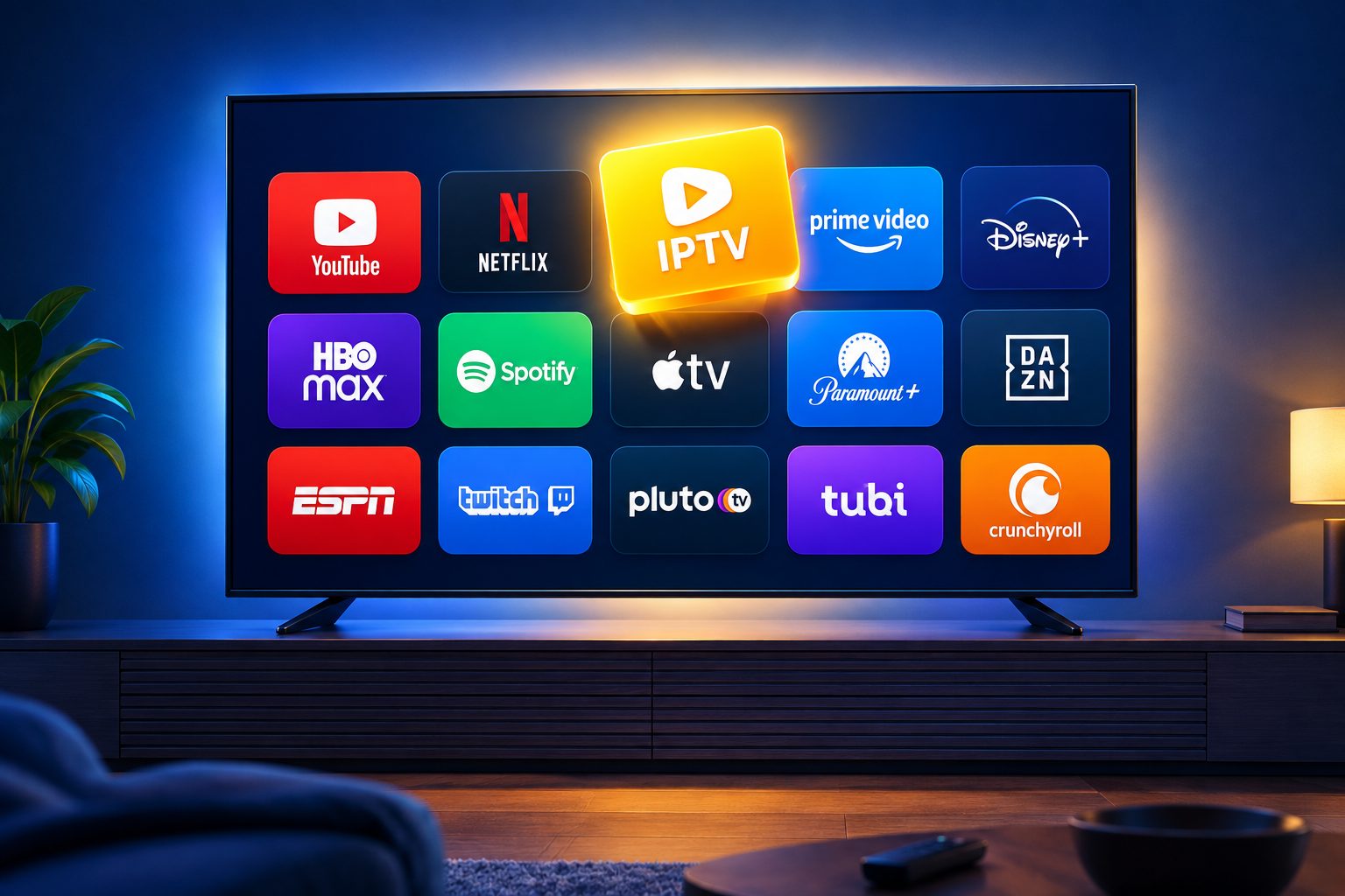 A Smart TV home screen full of streaming app tiles with the IPTV player highlighted