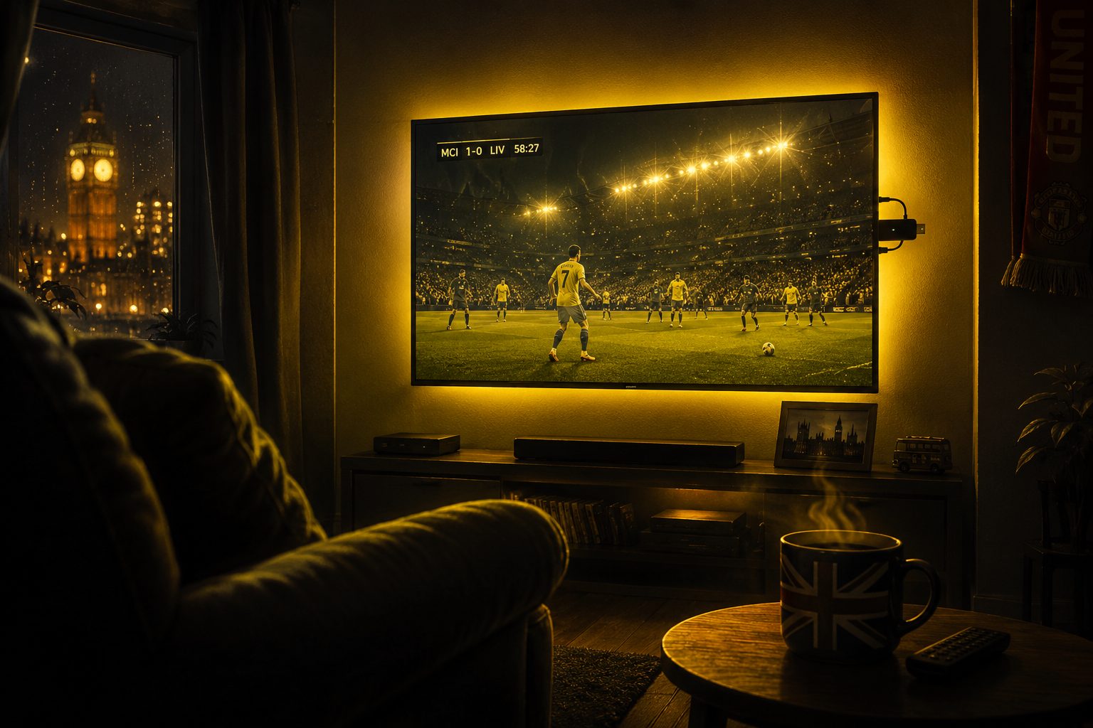 A living room at night with a wall-mounted TV showing live football through a set-top box