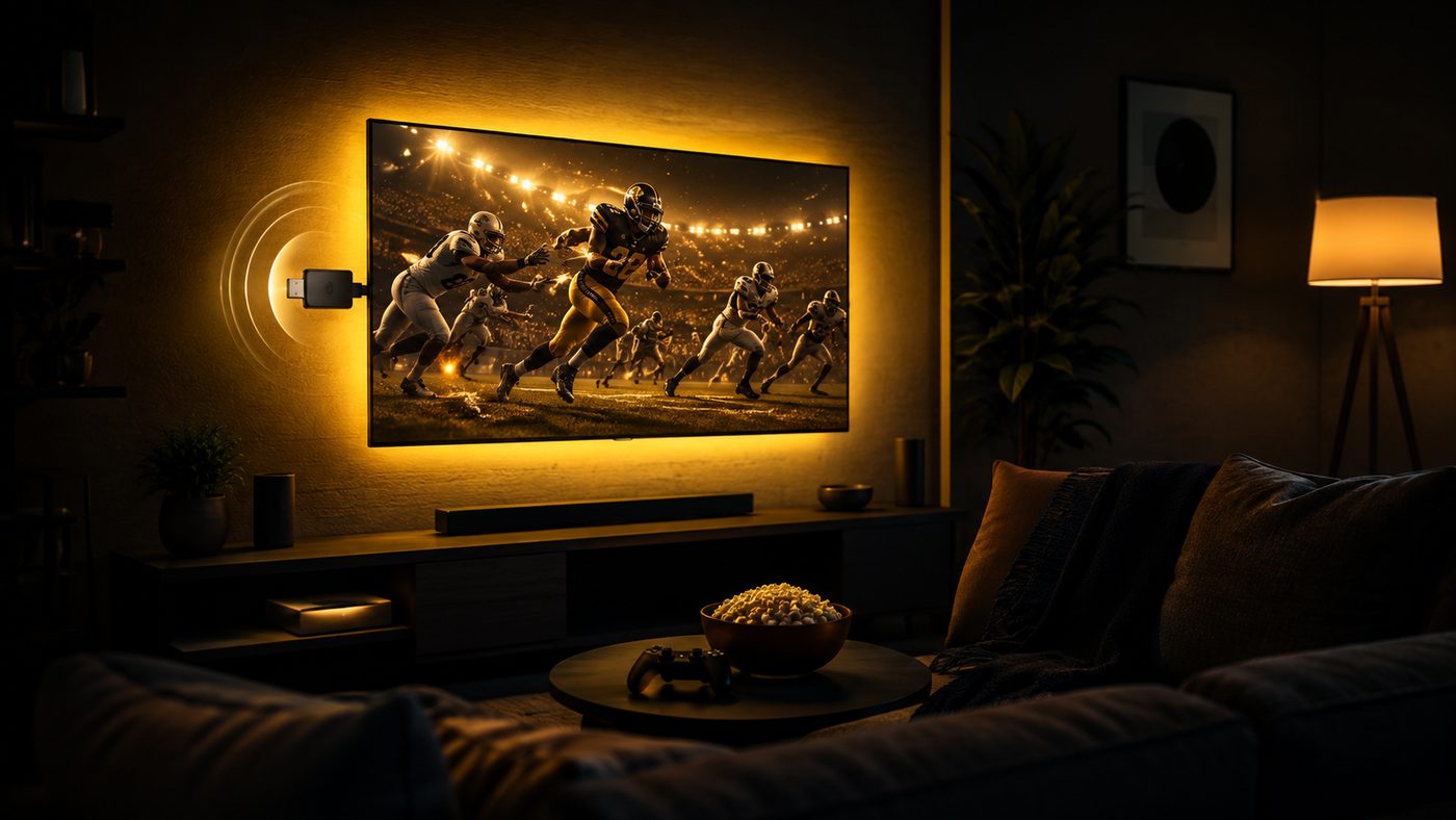 ipplaytv on a Firestick in a US living room with sports on the TV